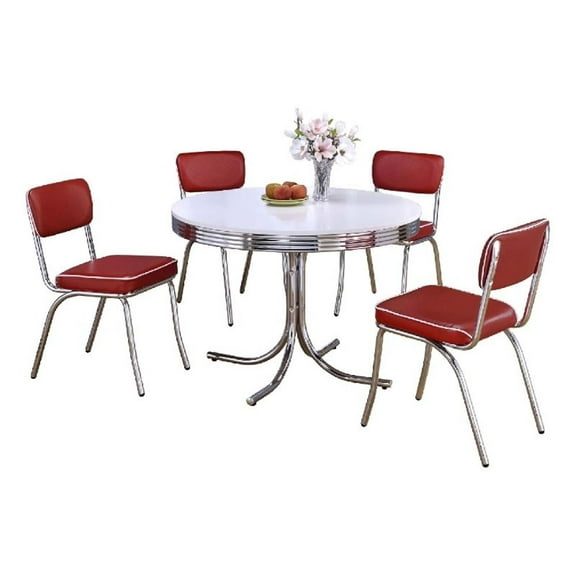 Loy 5pc Dining Table and Chair Set- Red Faux Leather- Retro White Round Top