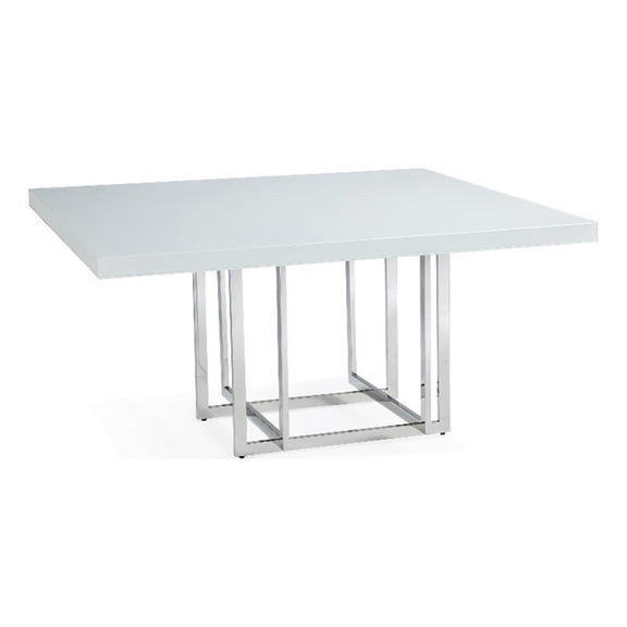 Benjara Lucie 59" Dining Table- Square Lacquered Glass Top- Chrome Base- White