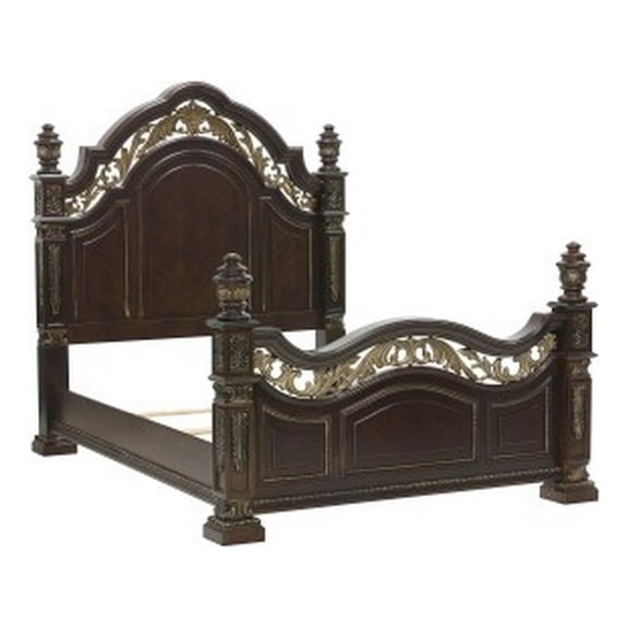 Lumi Queen Bed- Classical Metal Scrollwork- Dark Cherry Brown and Gold