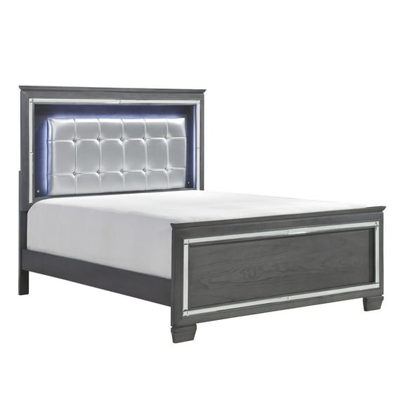 Benjara Lura Full Size Bed with LED Headboard, Mirror Frame, Gray Faux Leather