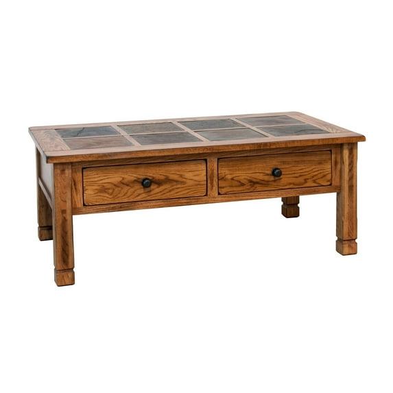 Benjara Marv Coffee Table, 2 Drawers, 49 Inch Rectangular w Brown Slate Inlay