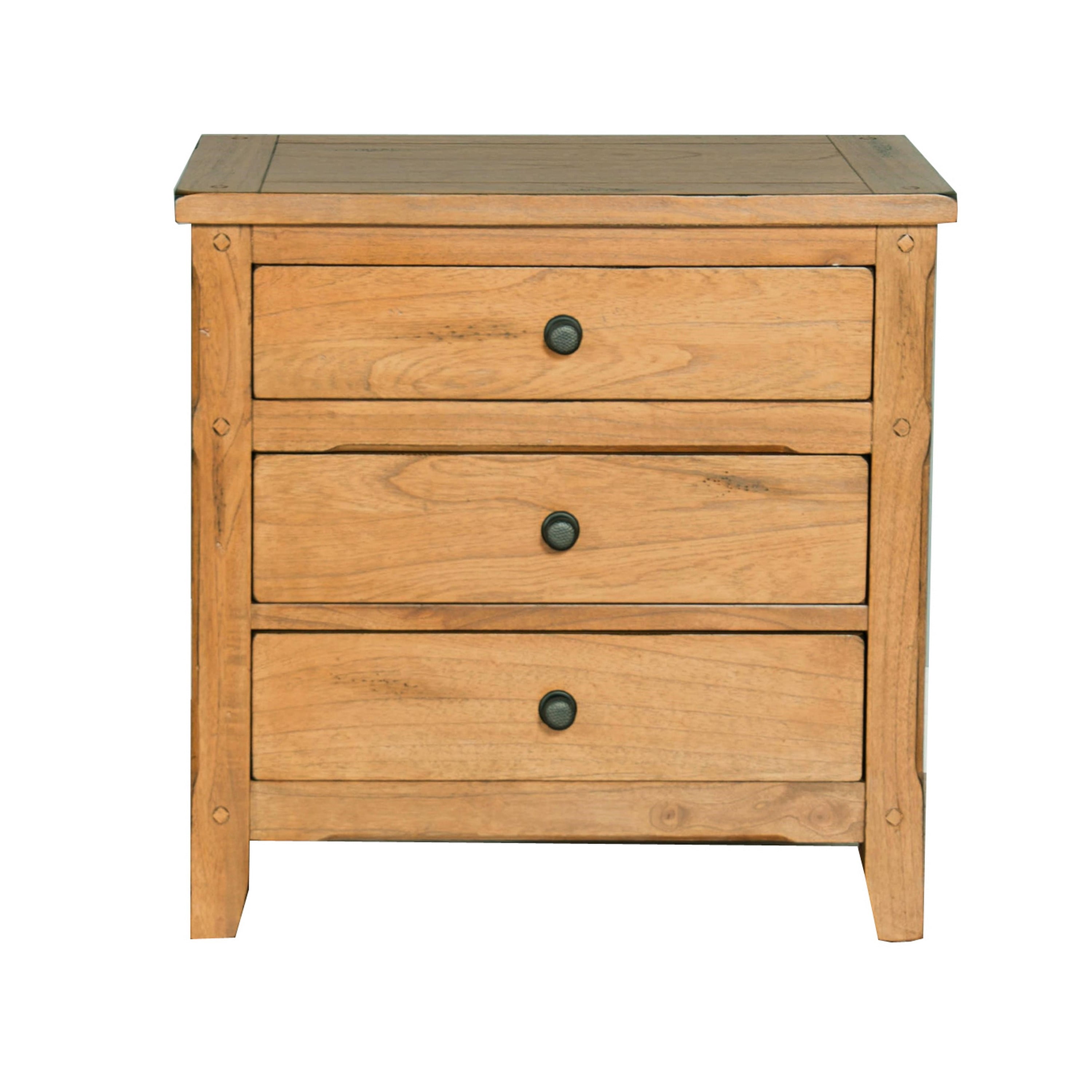 Marv Nightstand, 3 Drawers, Rustic Light Brown Solid Wood 29 Inch ...
