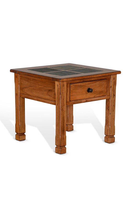 Marv Side End Table w Drawer, 26 Inch Square Slate Inlay Top, Brown