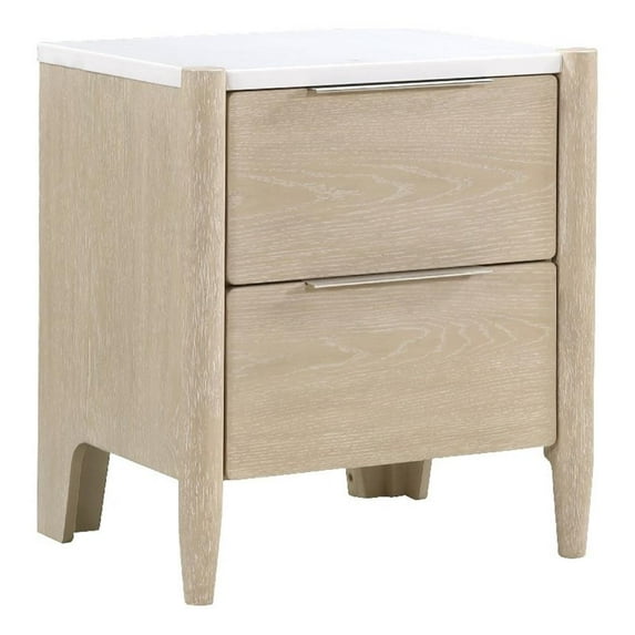 Maty Nightstand- 2 Drawers- White Marble Top- Light Oak Brown Ceruse