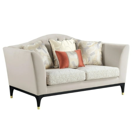 Benjara Mavi 71 Inch Loveseat, Velvet, Arched, Button Tufted, Metal Legs, Beige