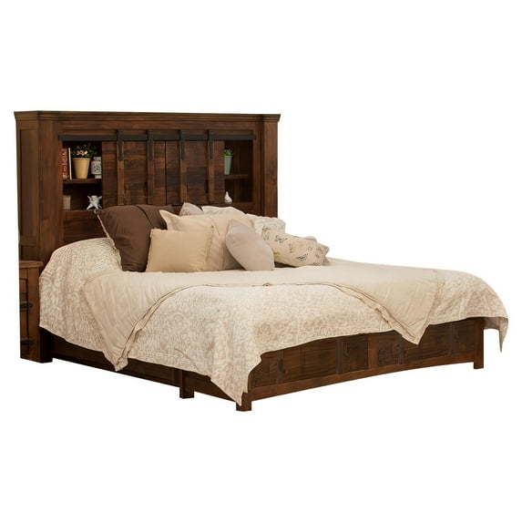 Benjara Maye King Size Bed, 2 Drawers, Fixed Shelves, Deep Rustic Brown Finish