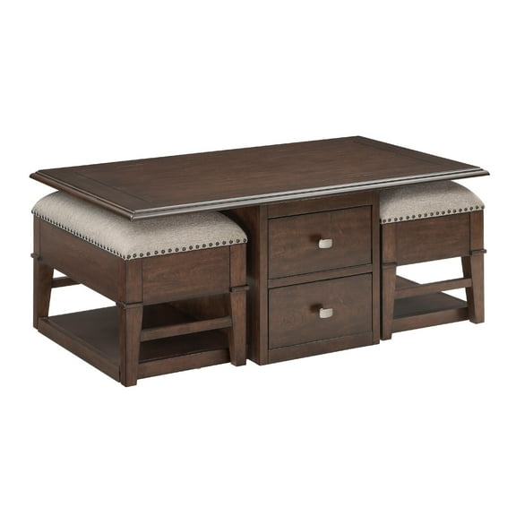 Merry Coffee Table with 2 Nesting Ottomans- Brown Wood- Beige