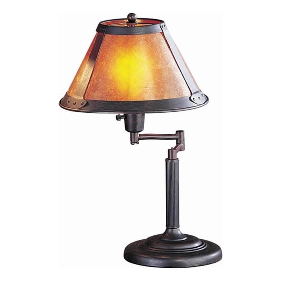 Benjara Metal Body Swing Arm Table Lamp with Conical Mica Shade- Bronze