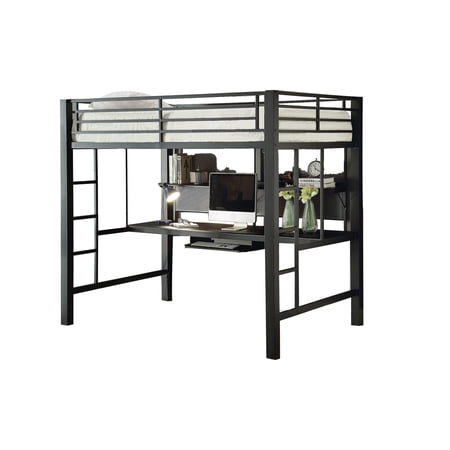 Benjara Metal Bunk Bed with Workstation and Guard Rails, Black