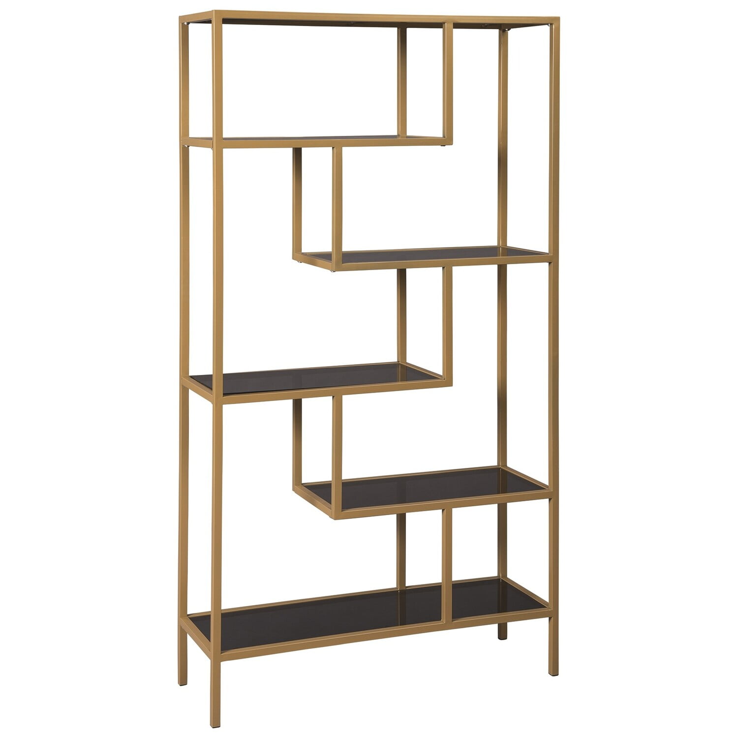 Benjara Metal Frame Bookcase with 5 Tiered Display Glass Shelves, Gold and Black