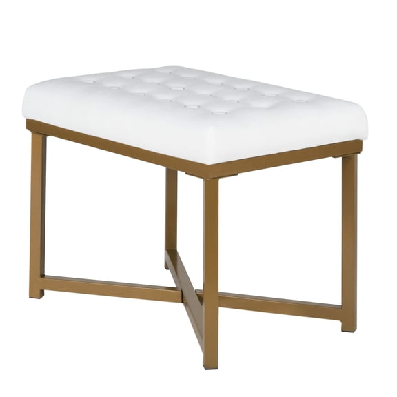 Benjara Metal Framed Bench with Button Tufted Velvet Upholstered Seat, White and Gold