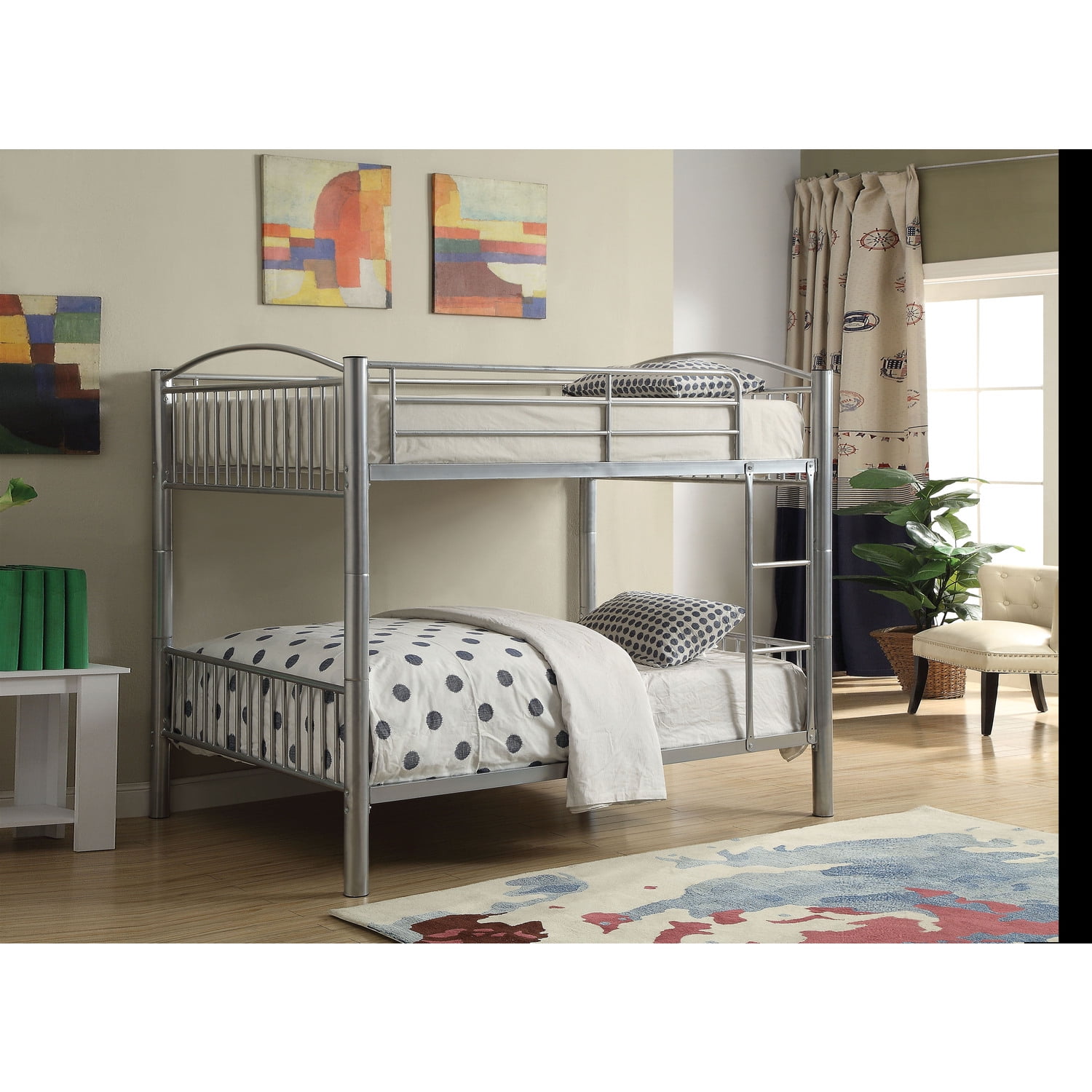 Benzara Metal Full Bunk Bed with Built-In Front Ladder in Silver