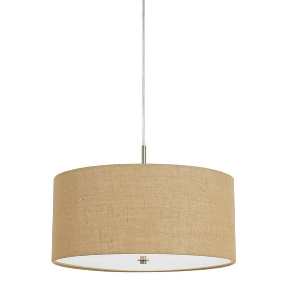 Benjara Metal Pendant Lighting with Fabric Circular Drum Shade and Cord, Beige