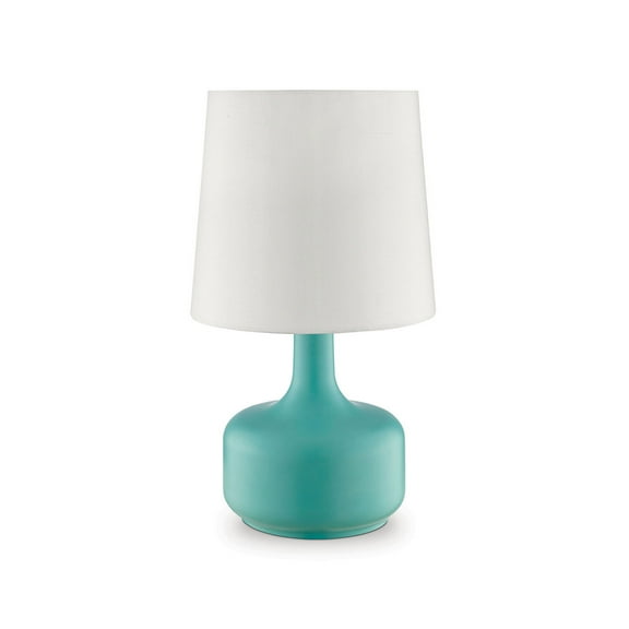 Benjara Metal Pot Belly Base Table Lamp with 3 Way Touch Light, White and Sky Blue