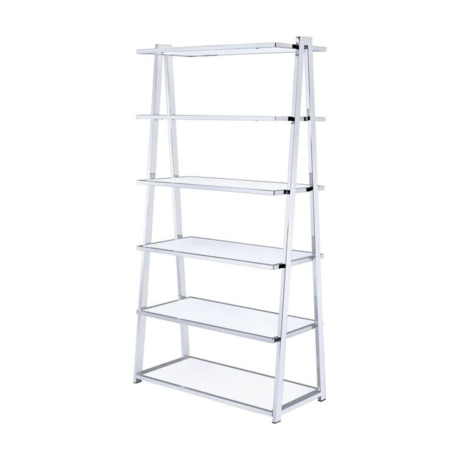 Sleek White and Chrome 71'' Metal Ladder Bookshelf with 6 Shelves