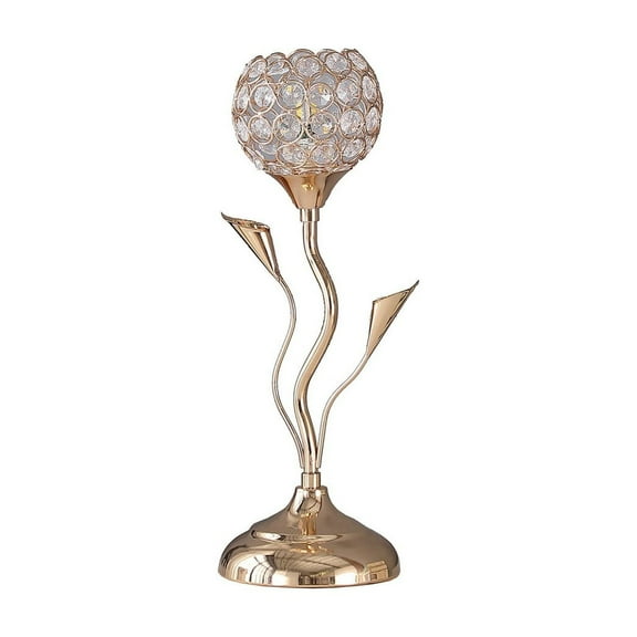 Metal Table Lamp with Floral Shade and Acrylic Crystals, Gold- Saltoro Sherpi
