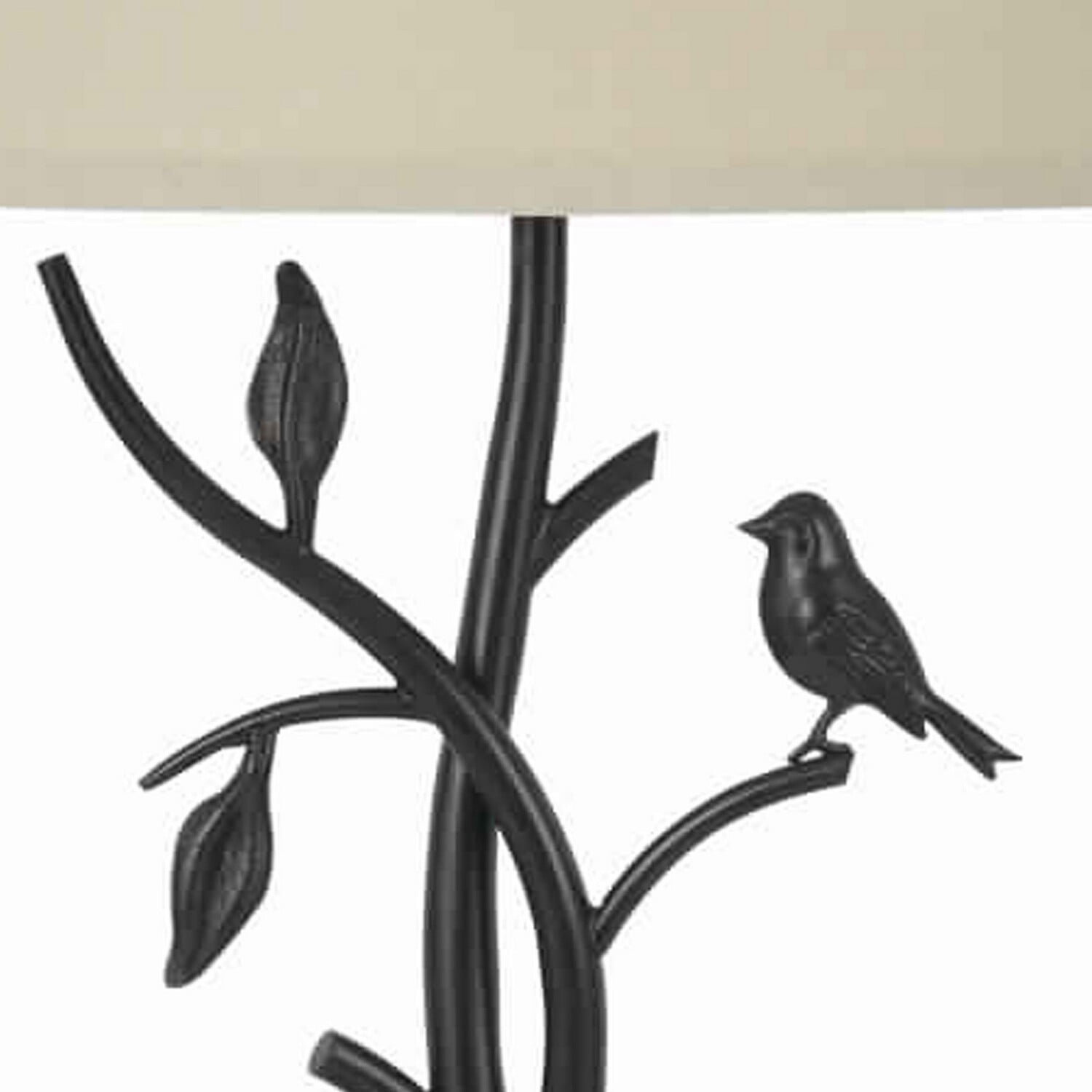 Black Iron Tree and Bird Table Lamp with Beige Fabric Shade