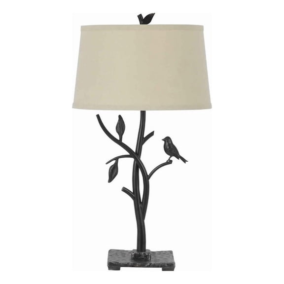 Benjara Metal Tree and Bird Body Table Lamp with Tapered Shade- Black and Beige