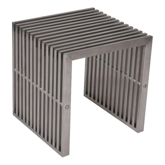 Benjara Meza 17" Accent Stool- Waterfall Silver Slatted Panel Frame
