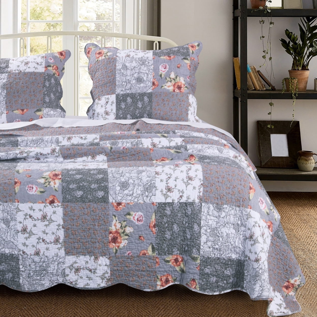 Floral Patchwork Gray and White Microfiber Quilt Set