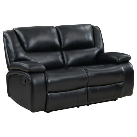Mila Manual Recliner Loveseat, Black Faux Leather, Pillow Top Arms, 62 Inch