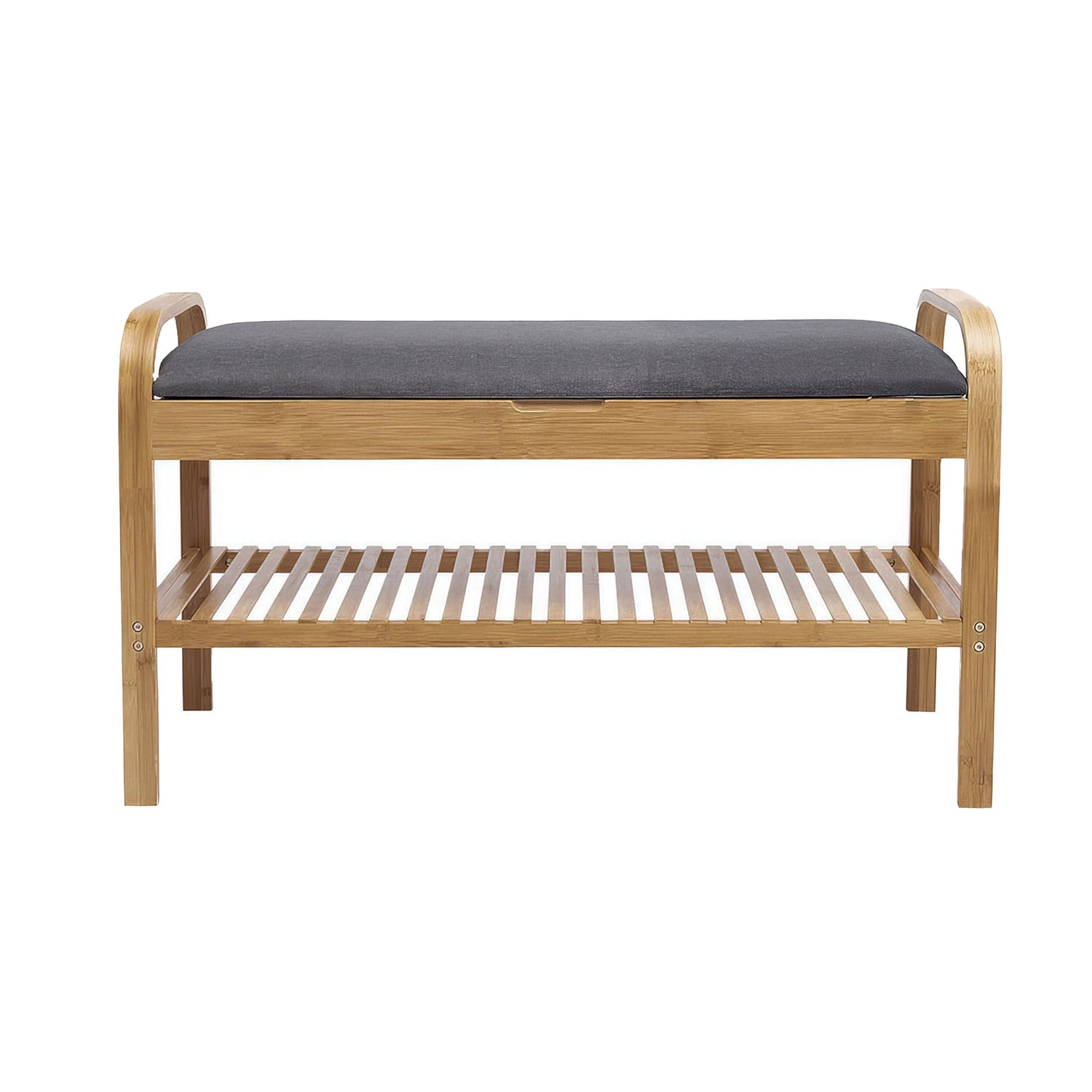 Benjara Mindy Shoe Storage Bench, Gray Polyester Seat, Walnut Brown ...