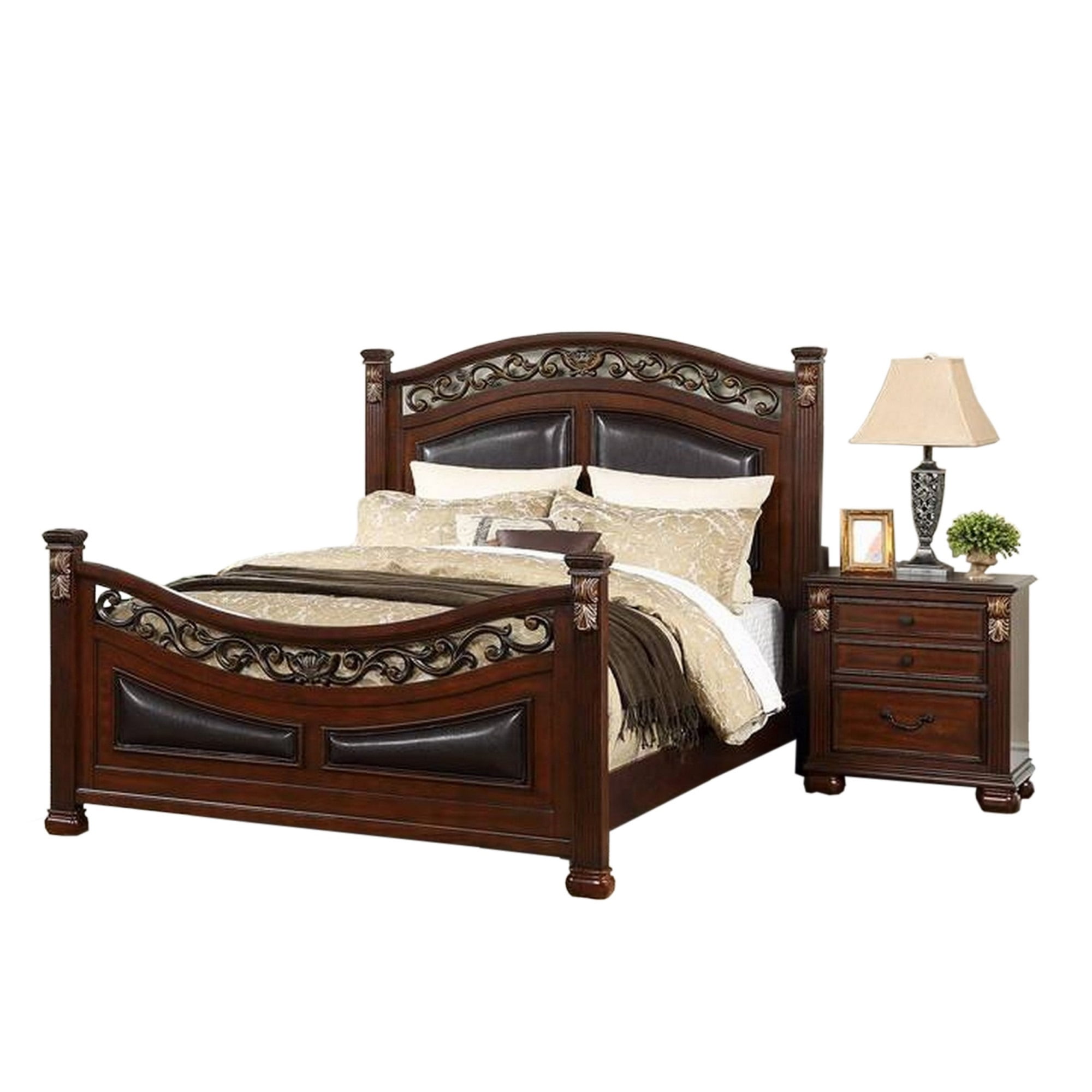 King Size Oak Brown Wood Frame Bed with Carved Headboard