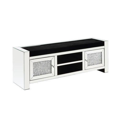 Benjara Mirrored Bench with Faux Diamonds and 2 Door Cabinets, Silver
