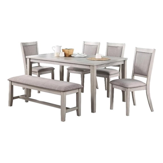 Benjara Modern 6 PC Dining Set with Table- 4 Chairs & Bench- Plush Seats- Gray
