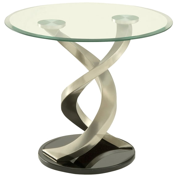 Modern Round Glass Top End Table with Twisted Metal Base, Silver and Black