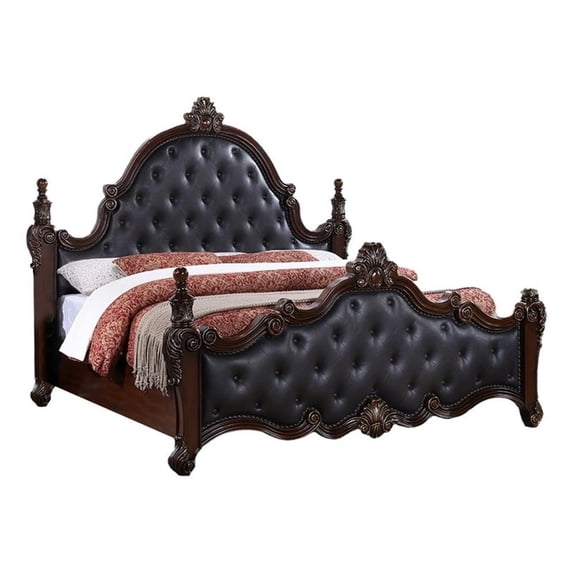 Moni King Bed, Black Button Tufted Classical Upholstery, Cherry Brown Wood
