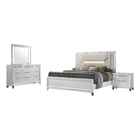 Benjara Mory 4pc Queen Bedroom Set- Herringbone Pattern- LED- White Wood