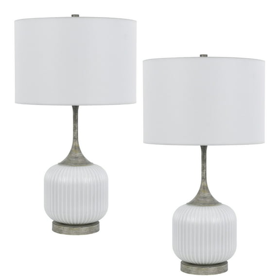 Myra Table Lamp Set of 2, Fluted Accent Glass Base, White Fabric Shade