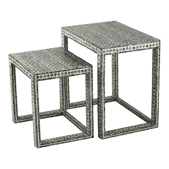 Benjara Set of 2 Nesting Side End Tables- Capiz Inlaid Design- Gray and White