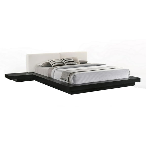 Benjara Nia Queen Size Bed, White Faux Leather, Black Low Profile Platform Bed