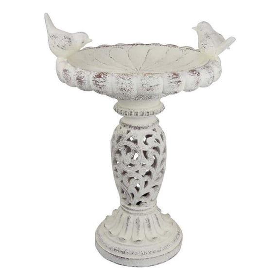 Benjara Niam Bird Bath Sculpture- 26" Weathered White Scrolled Resin