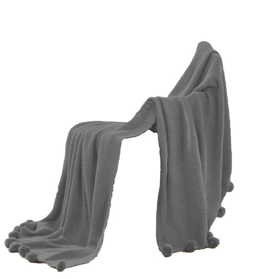 Nick 50 x 70 Soft Throw Blanket, Acrylic Knit, Pom Pom Accents, Stone Gray- Saltoro Sherpi