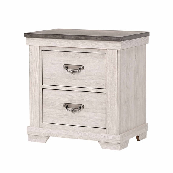 Benjara Nightstand with 2 Drawers and Metal Curved Pulls, Antique White