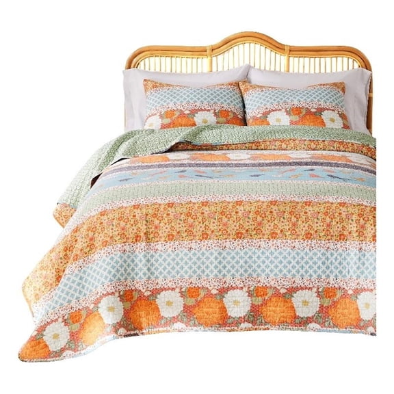 Benjara Nite 3pc Full/Queen Quilt Set- Calico Floral & Songbird Pattern- Cotton