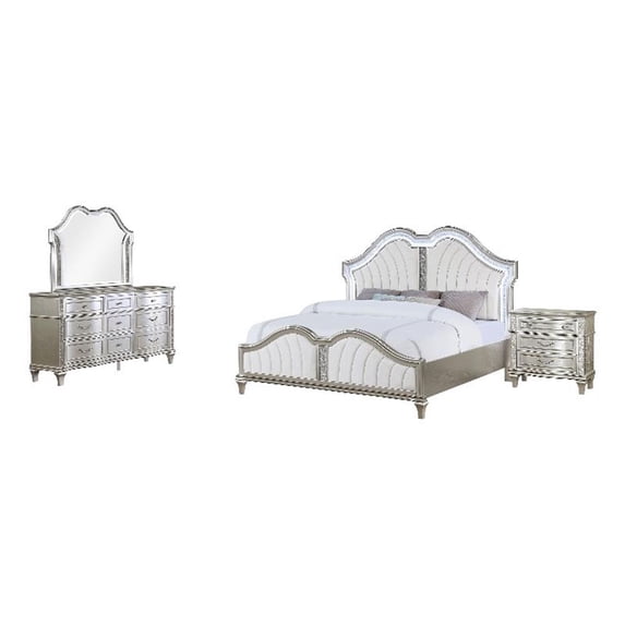 Nive 4pc King Bedroom Set- Silver- Ivory Channel Tufted Upholstery