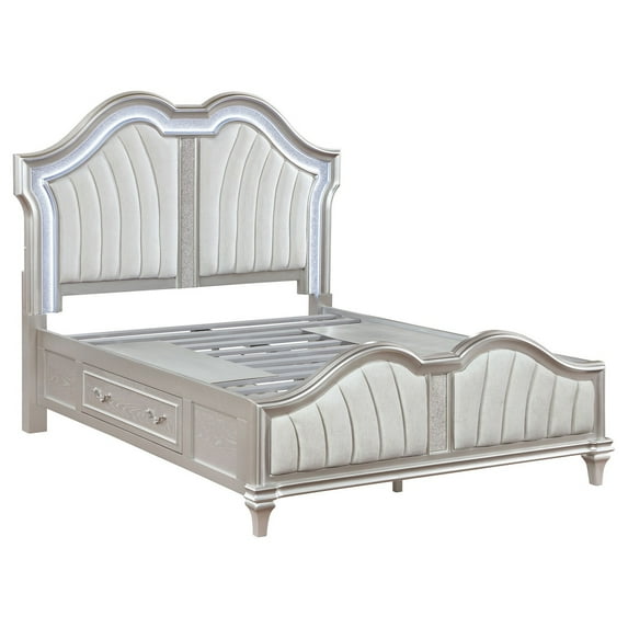 Benjara Nive Queen Bed, LED Arch, Ivory Upholstery, Storage Drawers, Silver