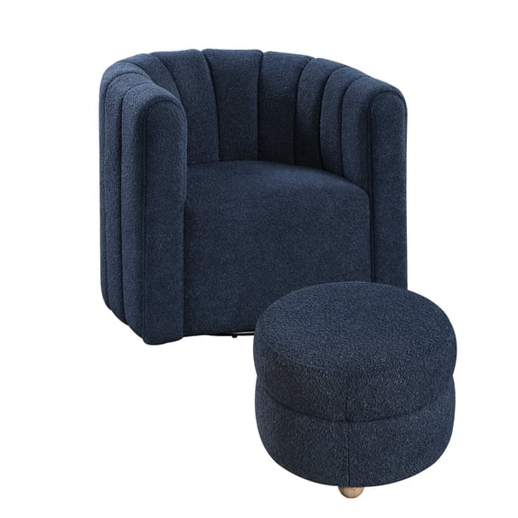 Noa Swivel Chair and Ottoman- Channel Tufted Curved Back- Blue Boucle