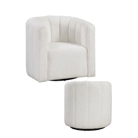 Noa Swivel Chair and Ottoman- Channel Tufted Curved Back- White Boucle