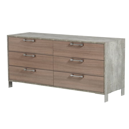 Noe Billy 64 Inch Dresser, 6 Drawers, Gray Faux Concrete, Oak Laminate