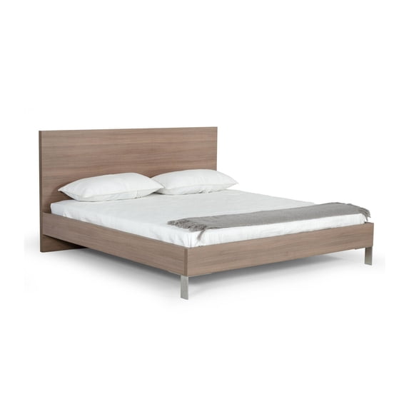 Benjara Noe Billy Queen Size Platform Bed, Panel Headboard, Brown Oak, Steel Metal