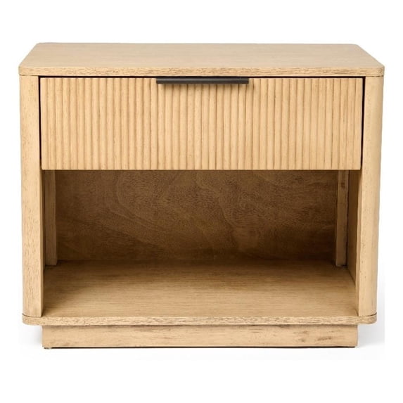 Benjara Noe Celia 32" Nightstand- 1 Drawer- Shelf- Metal- Natural Solid Wood