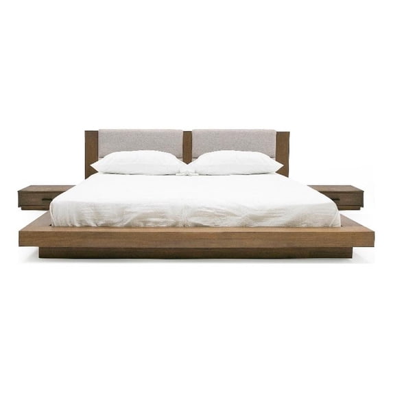 Benjara Noe Col Queen Platform Bed-Upholstered-2 NightStands-Walnut Brown-Gray
