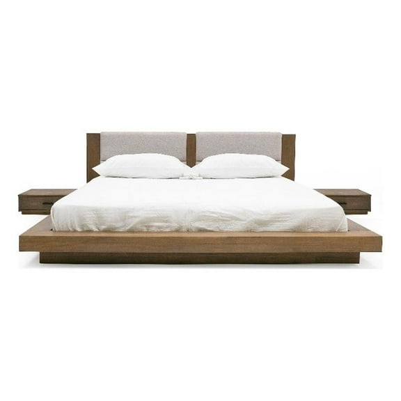 Benjara Noe Col Queen Platform Bed-Upholstered-2 NightStands-Walnut Brown-Gray