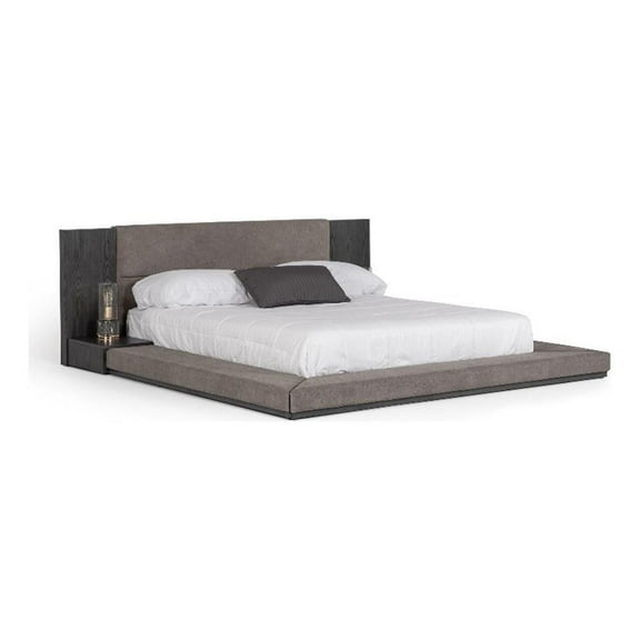 Noe Ruby Queen Bed with Built in Nightstands- Low Height- Gray Upholstery