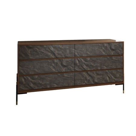 Noe Sia 63 Inch Dresser, Faux Volcanic Slate Drawer Front, Walnut Veneer